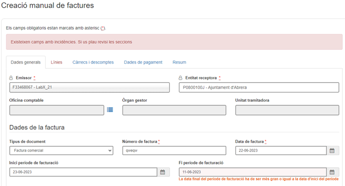 Requadres en vermell on s'identifica quin son els camps que tenen errors