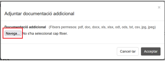 Finestra d'adjunció de documentació addicional amb el botó "Navega" requadrat
